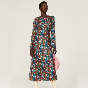 $495 Les Reveries Size 2 Floral Satin Midi Dress Bold Floral Long Sleeve